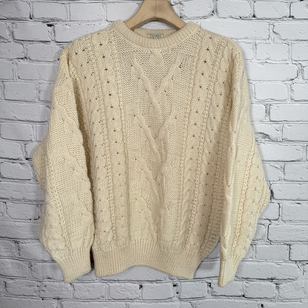 Thomas Keeling Sweater Mens M Cream Wool Cable‎ Knit Fisherman Made In England